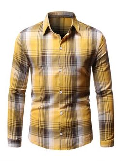 Button Up Plaid Print Shirt - YELLOW - S
