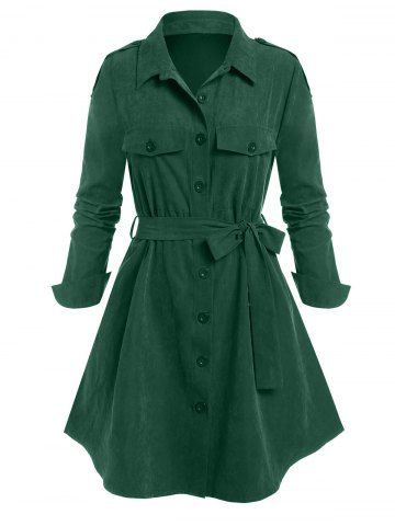 Manteau Chemise Ceinturé Epaulette avec Poche de Grande Taille - DEEP GREEN - L