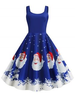 Christmas Santa Claus Snowflake Print Plus Size Dress - BLUE - L