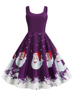 Christmas Santa Claus Snowflake Print Plus Size Dress - PURPLE - M