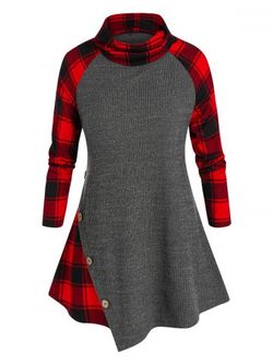 Plus Size Plaid Raglan Sleeve Asymmetrical Sweater - BATTLESHIP GRAY - 5X