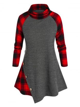 Plus Size Plaid Raglan Sleeve Asymmetrical Sweater