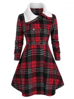 Plus Size Checked Faux Fur Collar Skirted Tunic Coat
