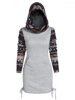 Tribal Print Cinched Hooded Knitwear - ASH GRAY - M
