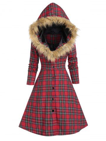 Faux Fur Insert Hooded Lace Up Plaid Coat - CHERRY RED - M