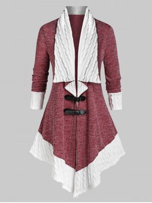 Plus Size Two Tone Buckles Cable Knit Cardigan