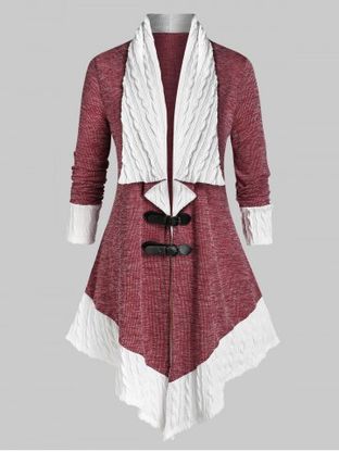 Plus Size Two Tone Buckles Cable Knit Cardigan