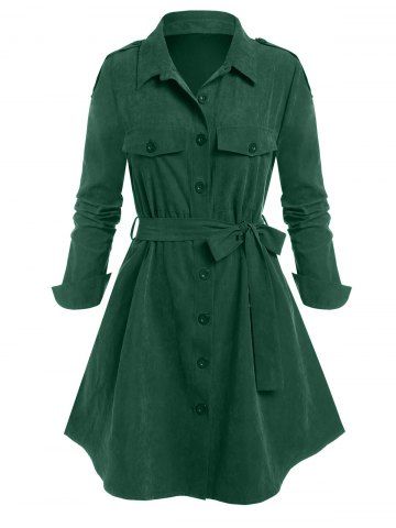 Plus Size Epaulet Flap Pocket Belted Shacket - DEEP GREEN - 1X