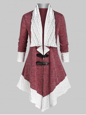 Plus Size Two Tone Buckles Cable Knit Cardigan - RED WINE - 1X