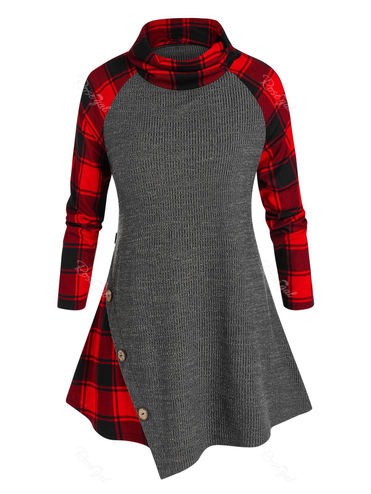 Latest Plus Size Plaid Raglan Sleeve Asymmetrical Sweater  