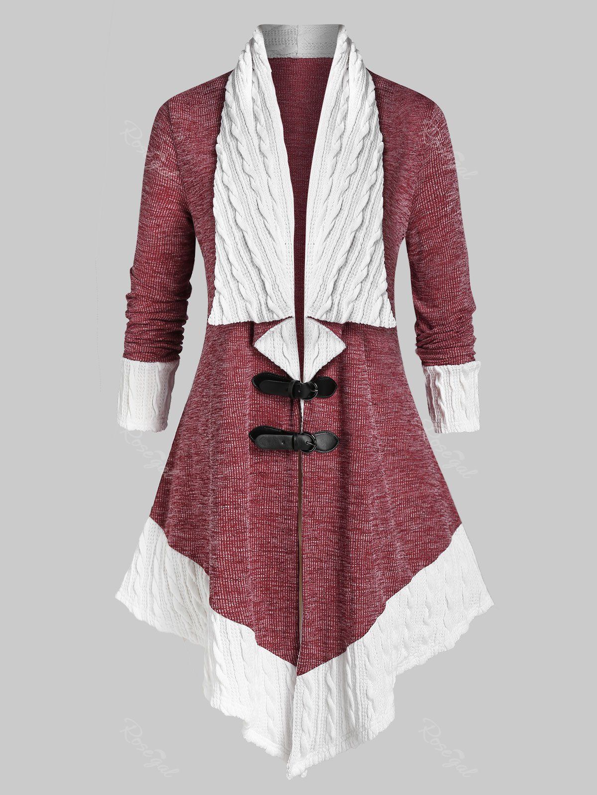 Outfit Plus Size Two Tone Buckles Cable Knit Cardigan  
