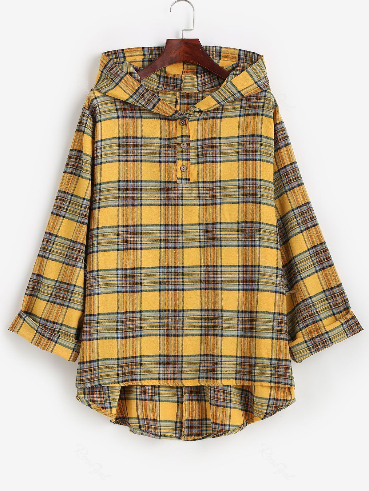 Affordable Plus Size Plaid Hooded High Low Top  