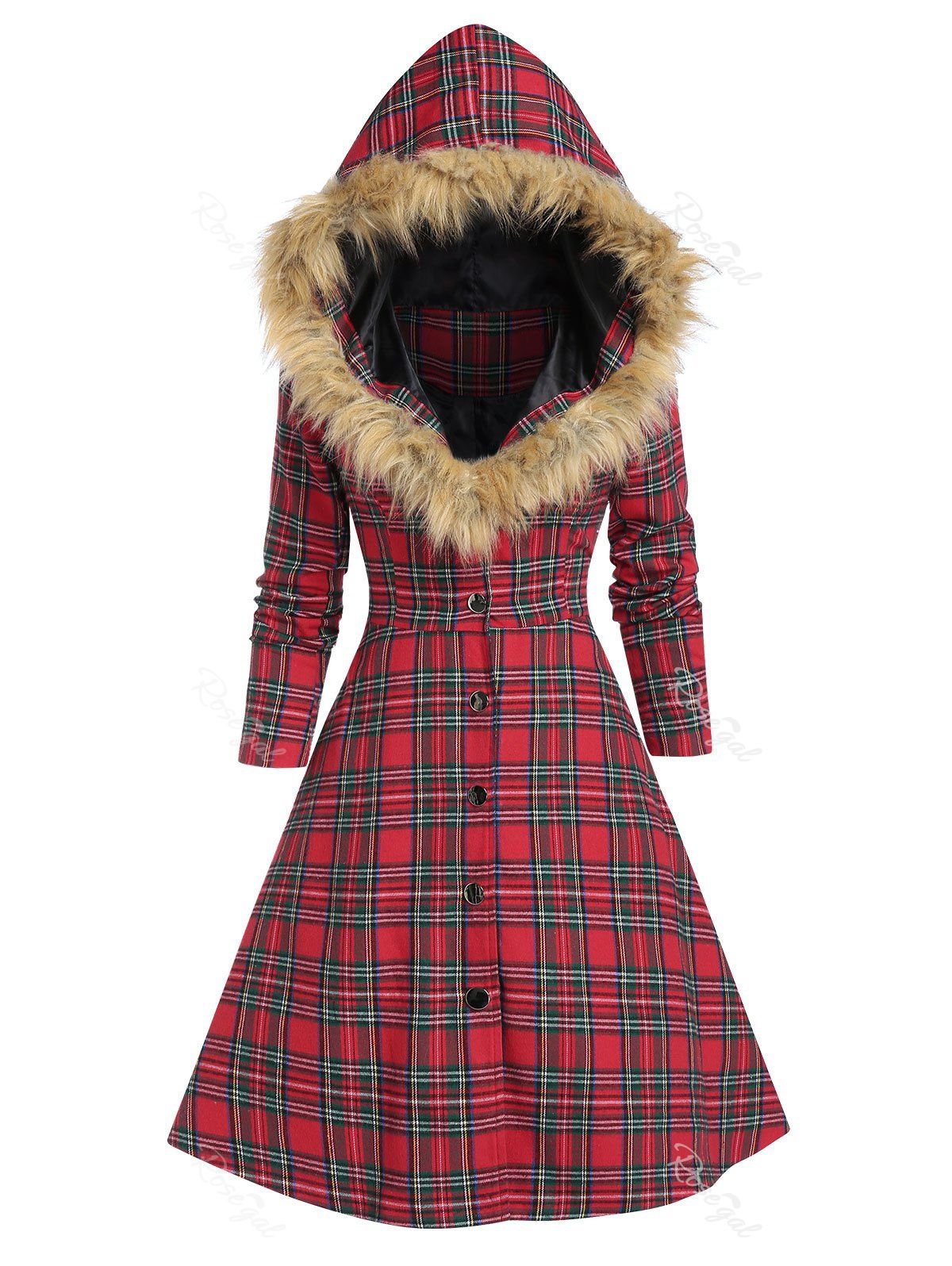 Latest Faux Fur Insert Hooded Lace Up Plaid Coat  