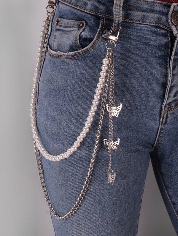 

Hollow Butterfly Pendant Faux Pearl Trousers Chain, Silver