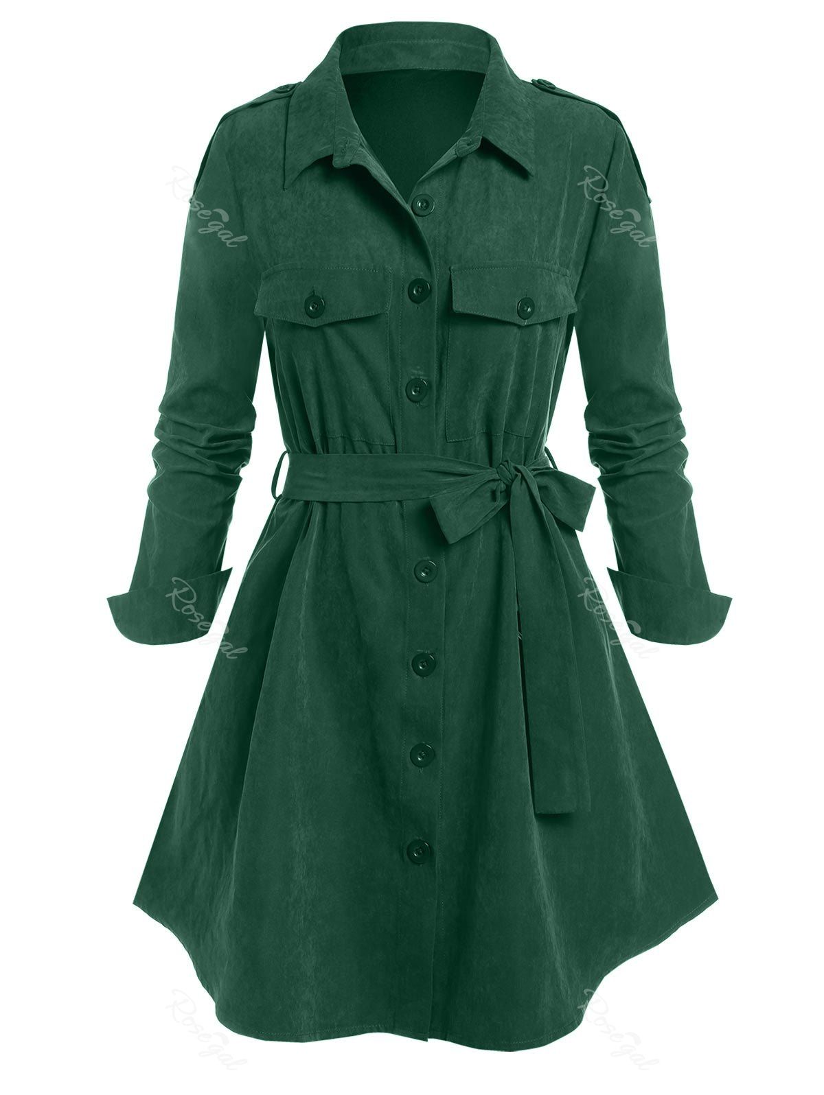Manteau Chemise Ceinturé Epaulette avec Poche de Grande Taille Vert profond 4X