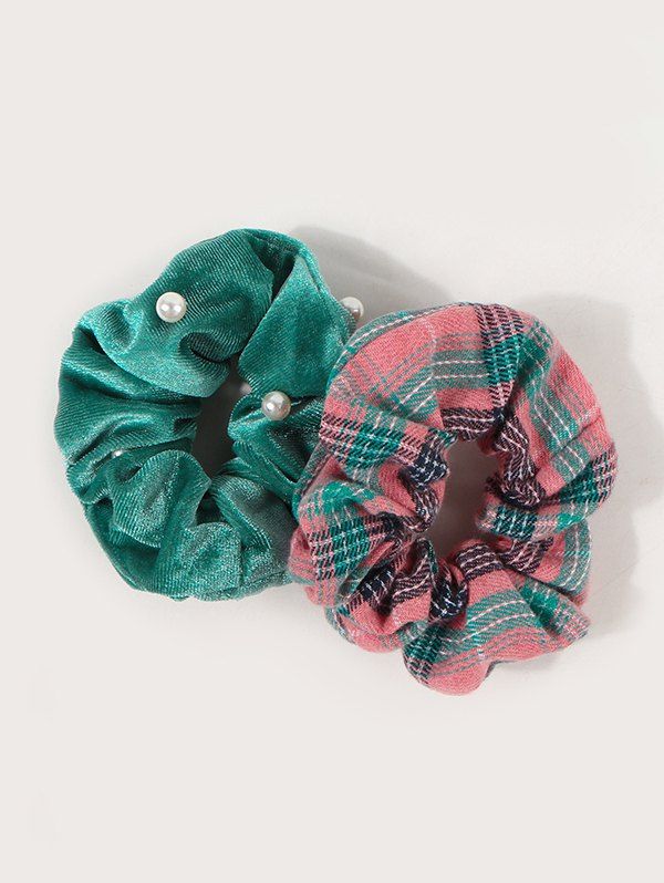 

2Pcs Plaid Print Faux Pearl Scrunchies Set, Multi-a