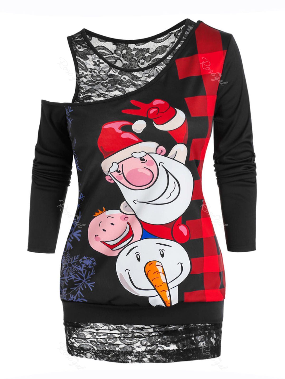 

Skew Neck Christmas Printed T Shirt and Lace Tank Top Set, Black