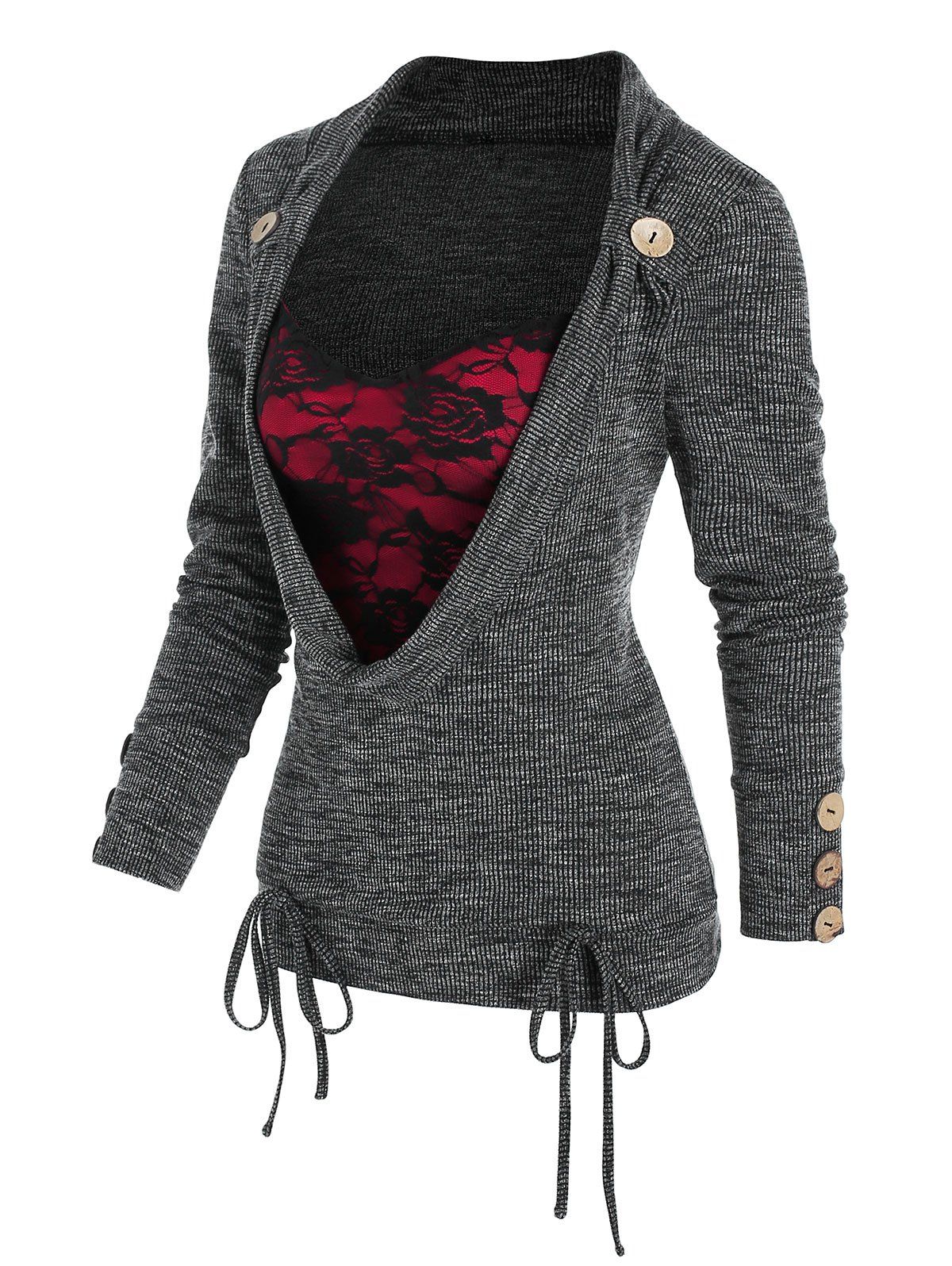 

Flower Lace Panel Buttons Knitted T Shirt, Black