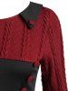 Cable Knit Panel Buttoned Three Quarter Sleeve Top -  