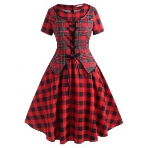 

Lace Up Plaid Vest Plus Size Vintage Dress, Red