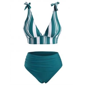 

Striped Tie Shoulder Plunge Bikini Swimwear, Deep green