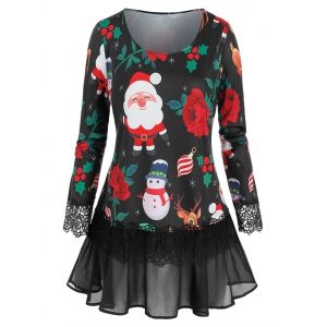 

Plus Size Mesh Flounce Christmas Printed T Shirt, Black