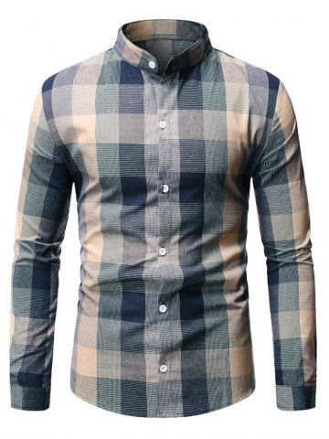 Long Sleeve Plaid Patterned Button Down Shirt - GREEN - S