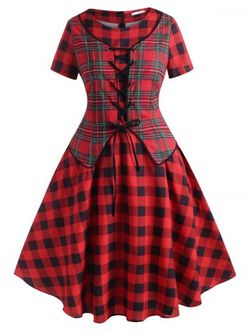 Lace Up Plaid Vest Plus Size Vintage 50s Dress - RED - L