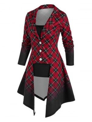 Ombre Color Plaid Irregular Coat and Camisole Set
