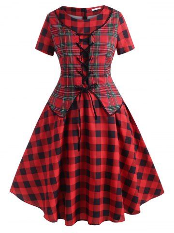 Lace Up Plaid Vest Plus Size Vintage 50s Dress