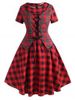 Lace Up Plaid Vest Plus Size Vintage 50s Dress -  