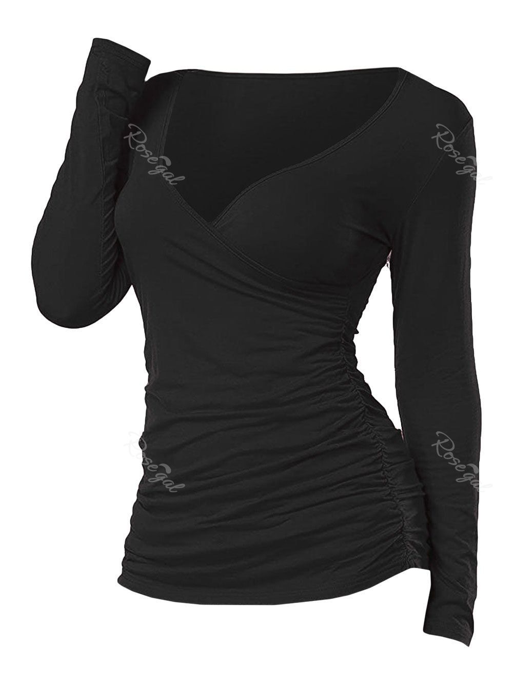Fashion Ruched Plunging Long Sleeve T Shirt  