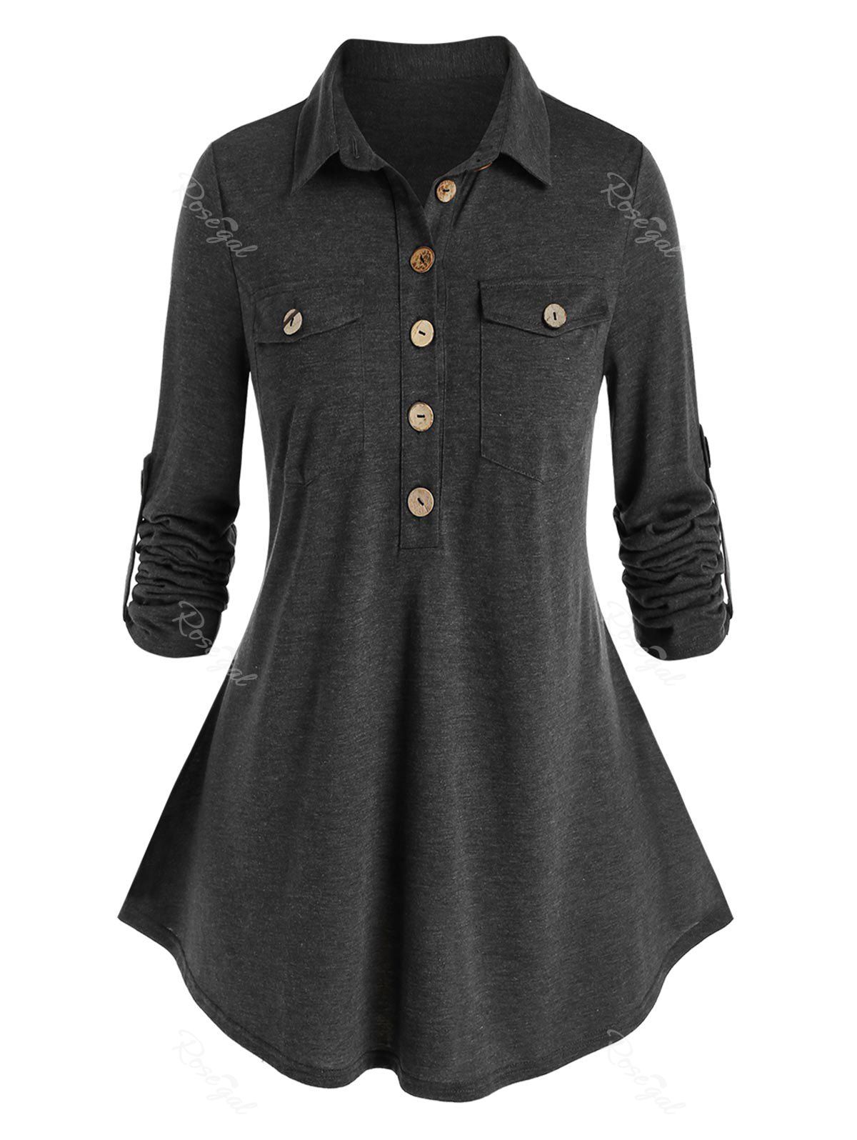

Plus Size Roll Up Sleeve Half Button T Shirt, Gray