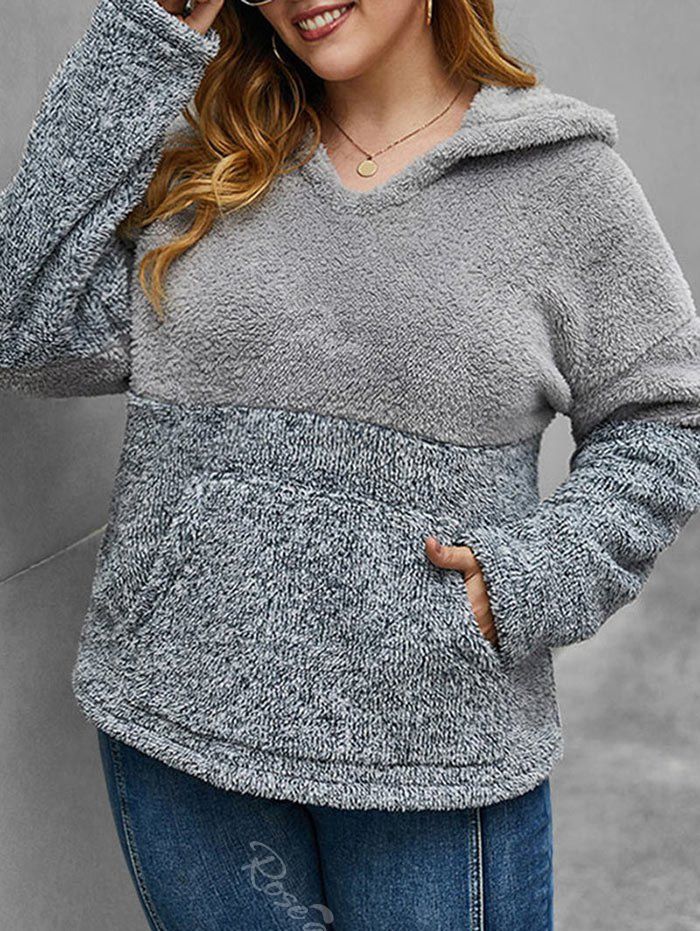 

Plus Size Patchwork Faux Fur Plush Hoodie, Light gray