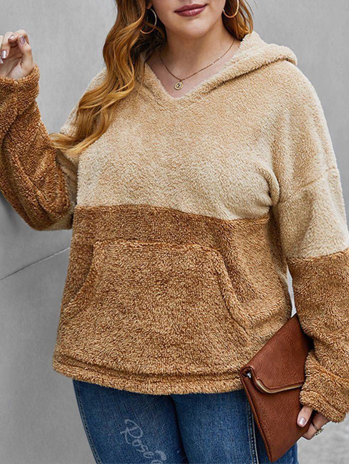 

Plus Size Patchwork Faux Fur Plush Hoodie, Light coffee