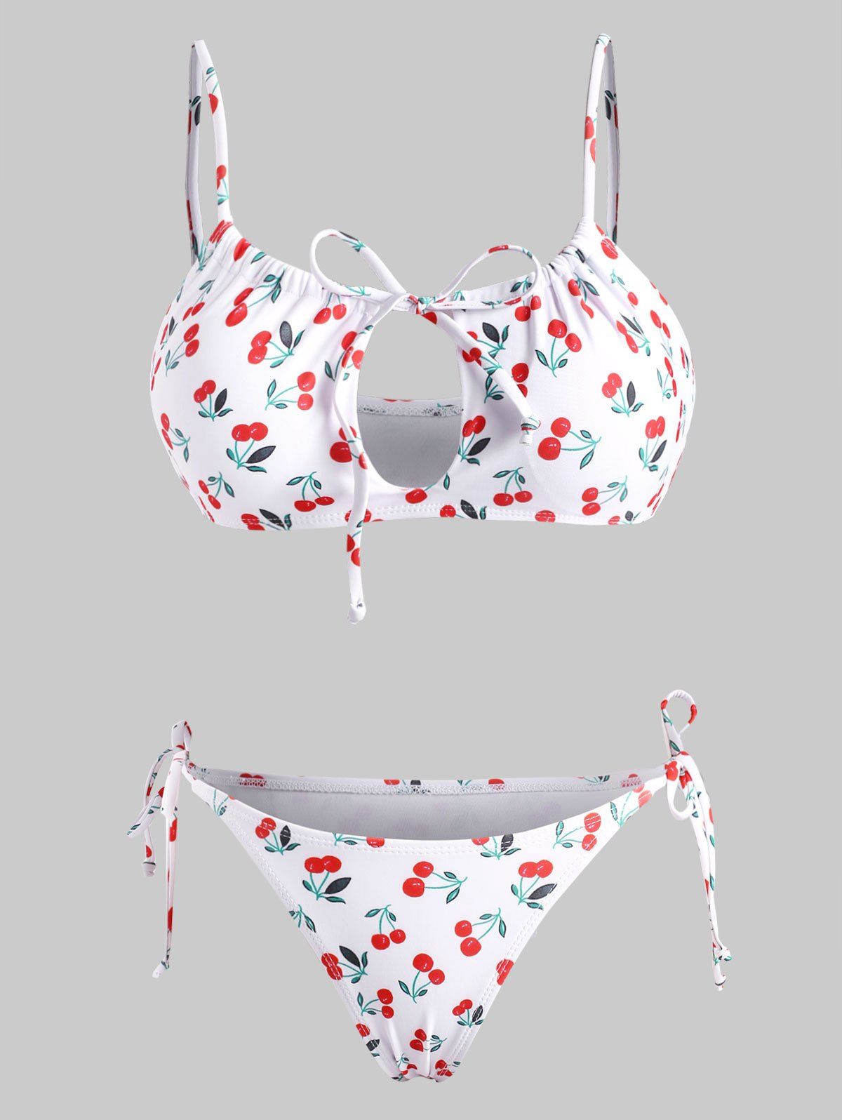 

Cherry Print Tie Side Bikini Swimwear, White