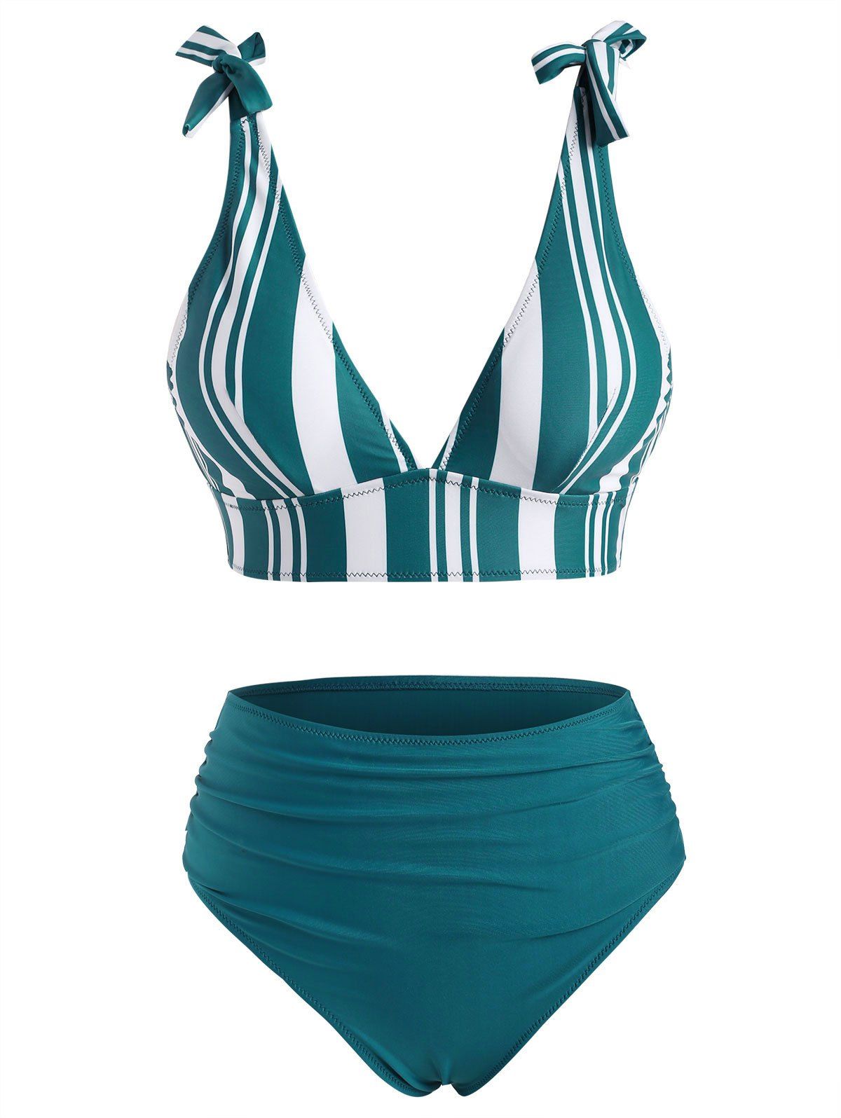 

Striped Tie Shoulder Plunge Bikini Swimwear, Deep green