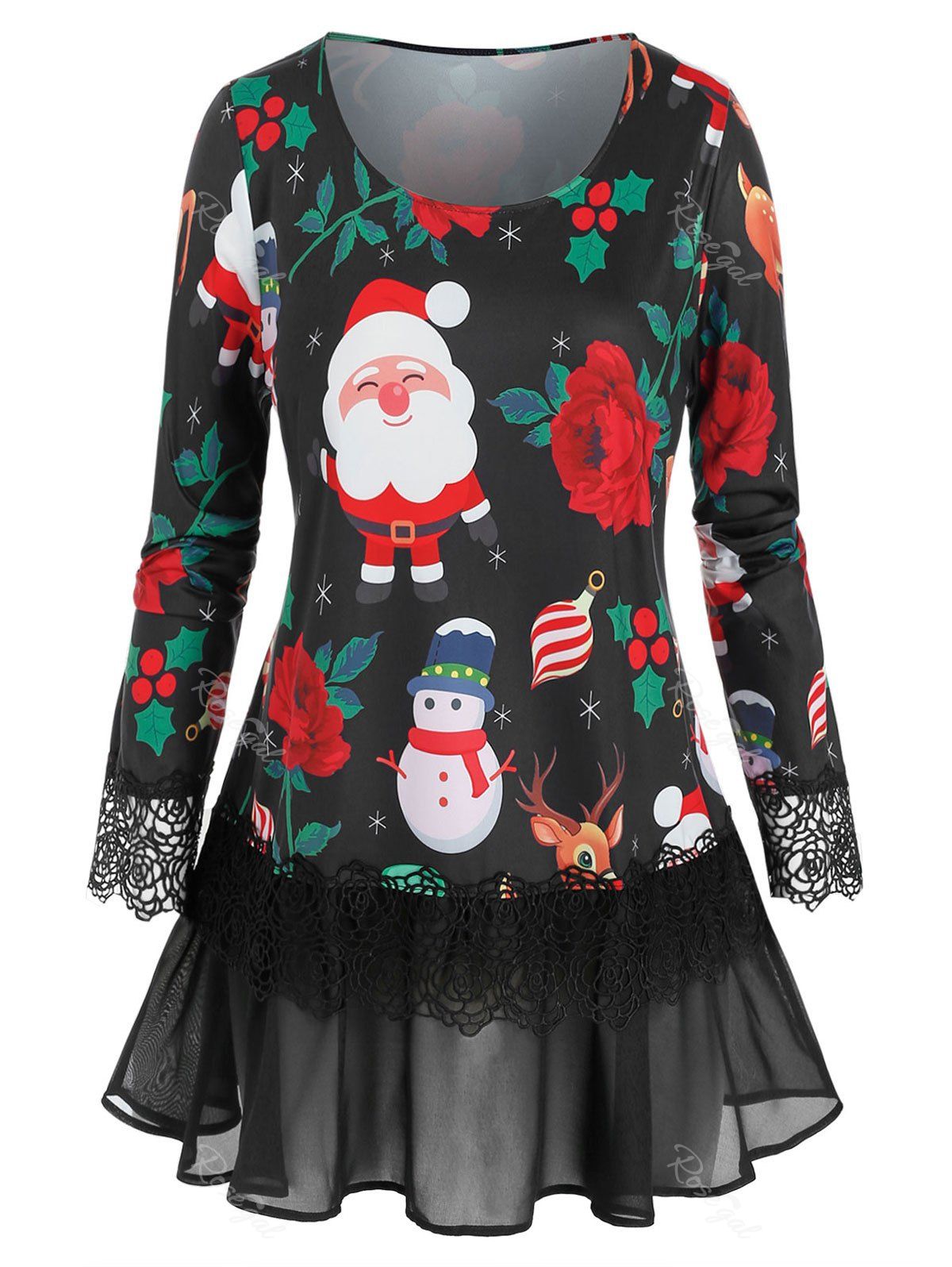 Outfit Plus Size Mesh Flounce Christmas Printed T Shirt  
