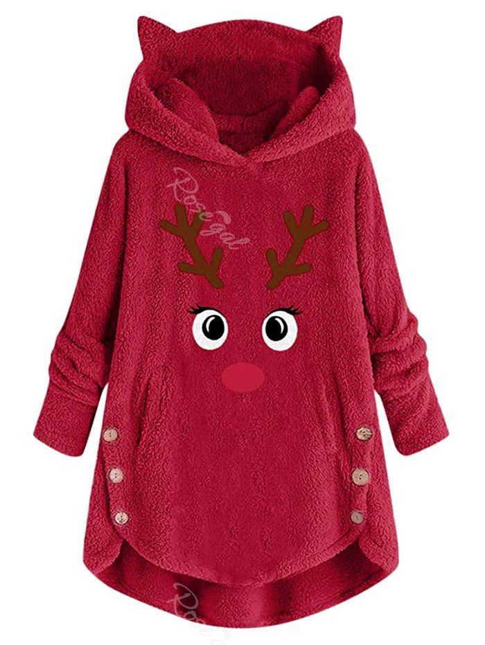 

Plus Size Christmas Funny Elk Fluffy Pullover Tunic Hoodie, Red
