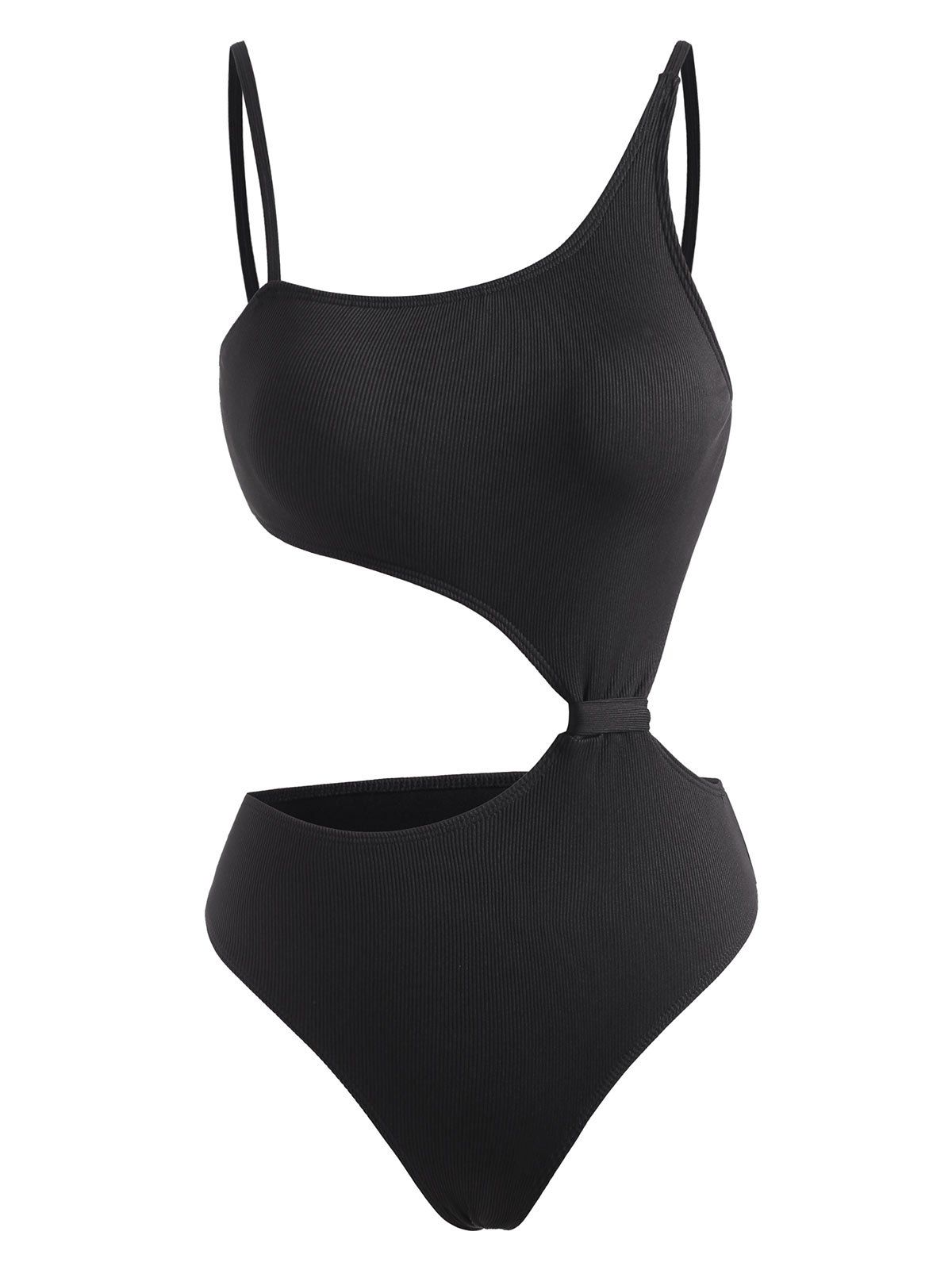 

Ribbed Cutout Skew Collar One-piece Swimsuit, Black