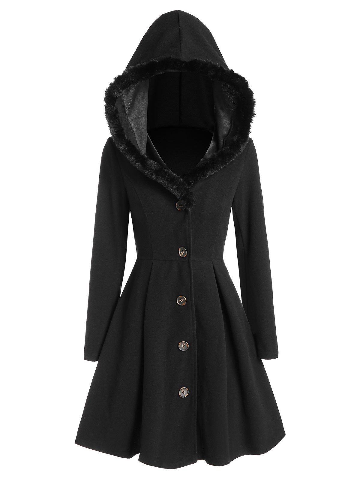 

Faux Fur Insert Hooded Skirted Long Wool Coat, Black