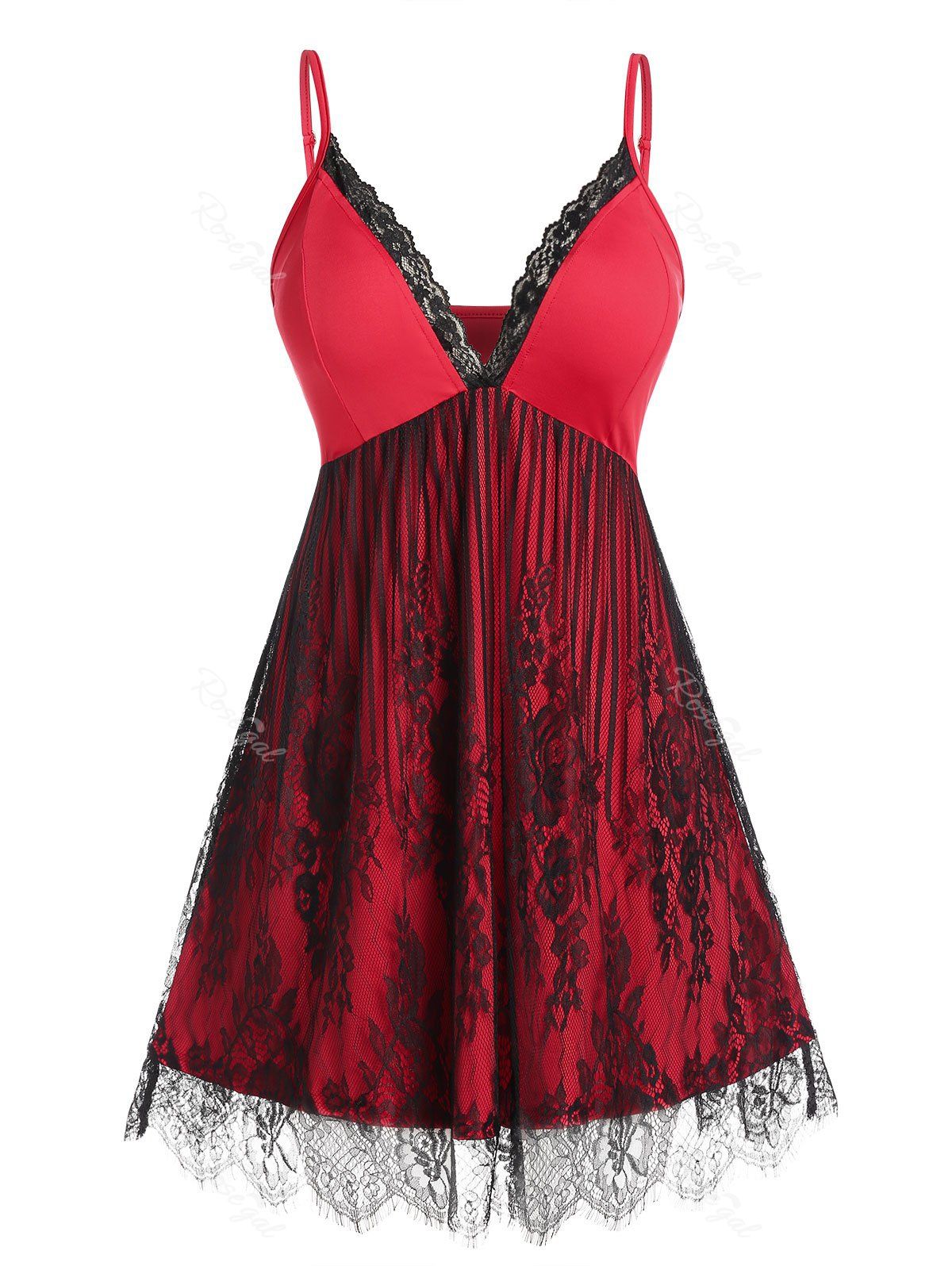 

Plus Size Lace Eyelash See Thru Slip Sexy Night Dress, Red