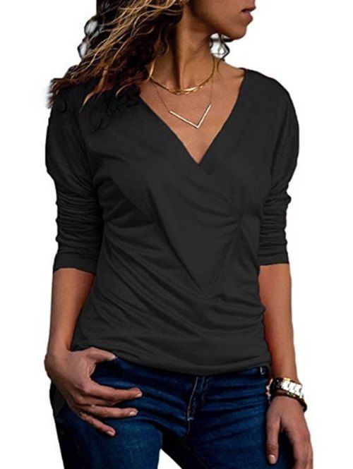 

Drop Shoulder V Neck Plain T Shirt, Black