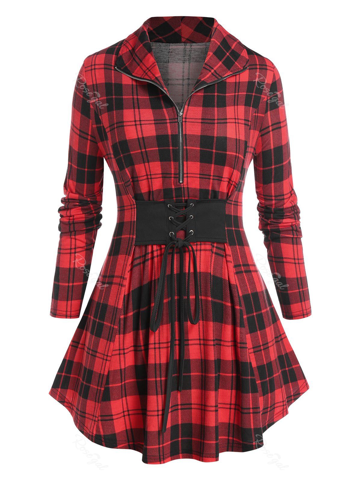 

Plus Size Half Zipper Checked Lace Up Blouse, Red