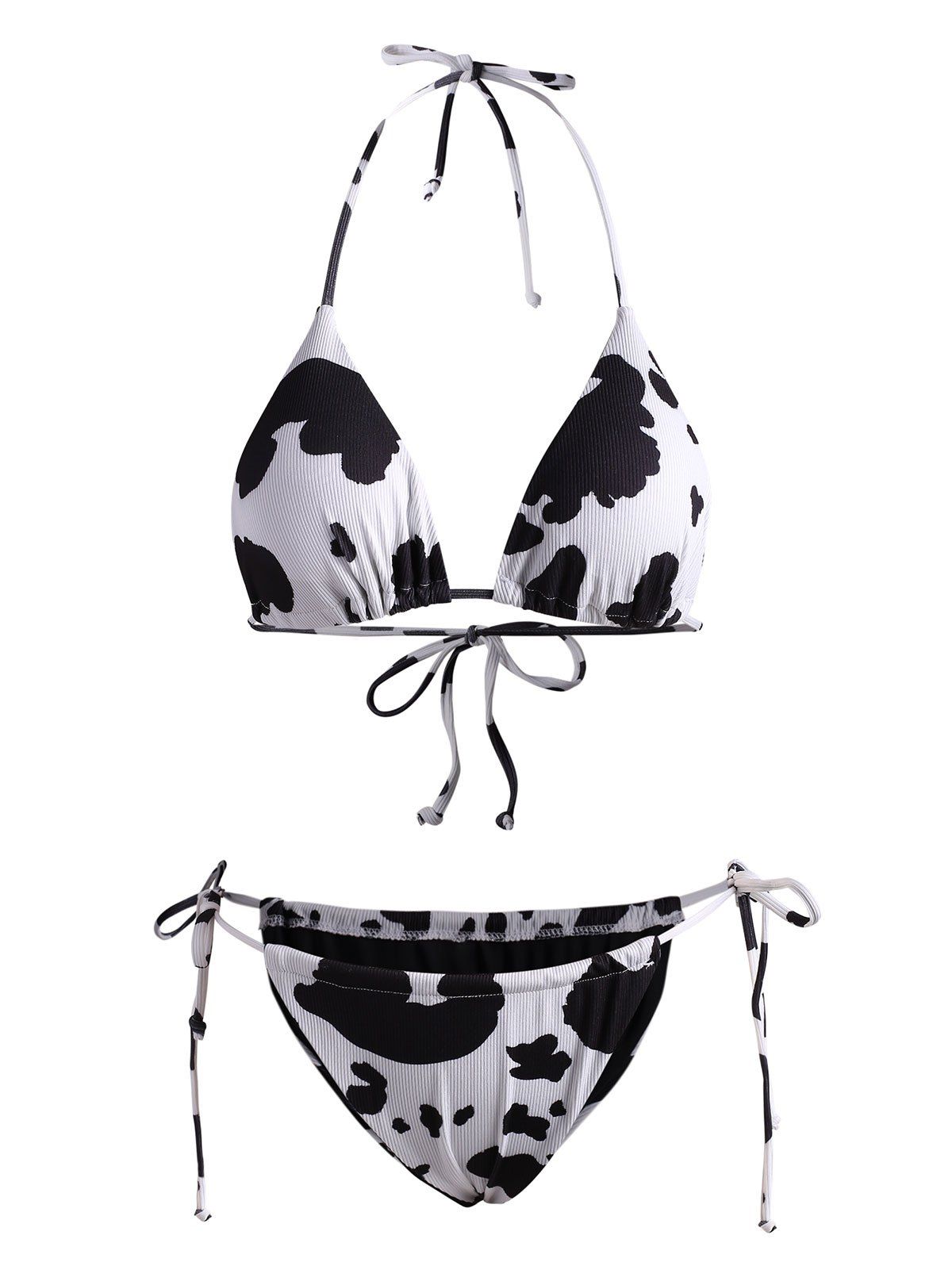 

Halter Cow Print Tie Ribbed Bikini Swimwear, Black