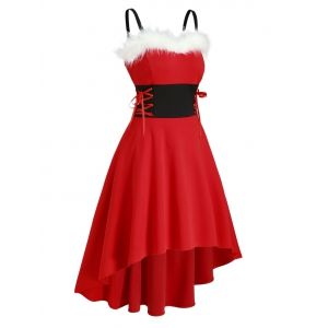 

Christmas Faux Fur Panel Lace Up Dip Hem Dress, Red