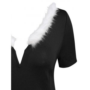 

Faux Fur Trim V-wired Knit High Low Dress, Black