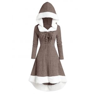 

Lace Up Hooded Marled Faux Fur Panel Dress, Coffee