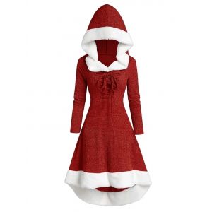 

Lace Up Hooded Marled Faux Fur Panel Dress, Red