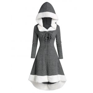 

Lace Up Hooded Marled Faux Fur Panel Dress, Dark gray